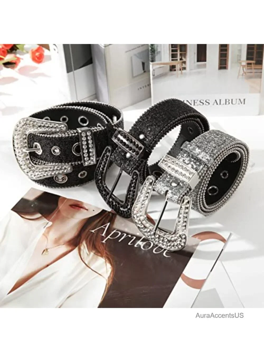 Rhinestone Sequin Studded Western Belt for Women Adjustable Faux Leather
